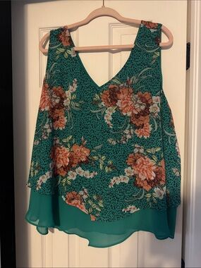 Floral Layered V-Neck Tank Top - Teal & Coral